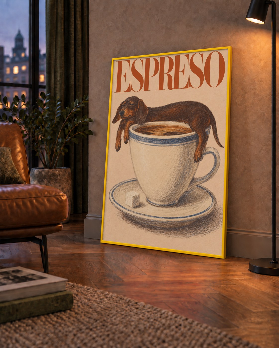 Kahve ve Köpek Sevgisi: Espreso Pastel Poster — çerçeveli hâliyle bir ev duvarında
