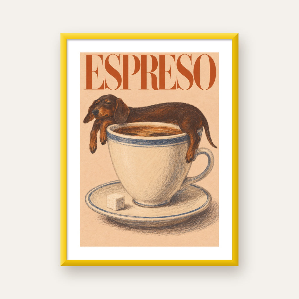 Kahve ve Köpek Sevgisi: Espreso Pastel Poster — sarı çerçeveli paspartulu
