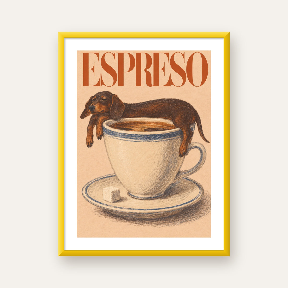 Kahve ve Köpek Sevgisi: Espreso Pastel Poster — sarı çerçeveli paspartulu