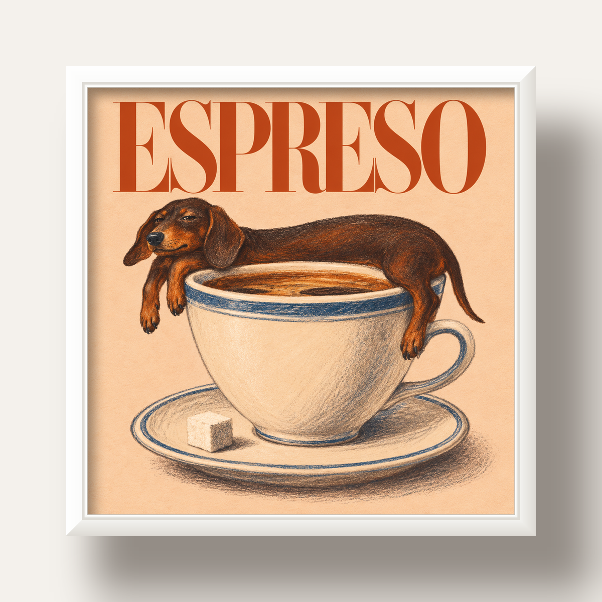 Kahve ve Köpek Sevgisi: Espreso Pastel Poster — beyaz derin çerçeveli