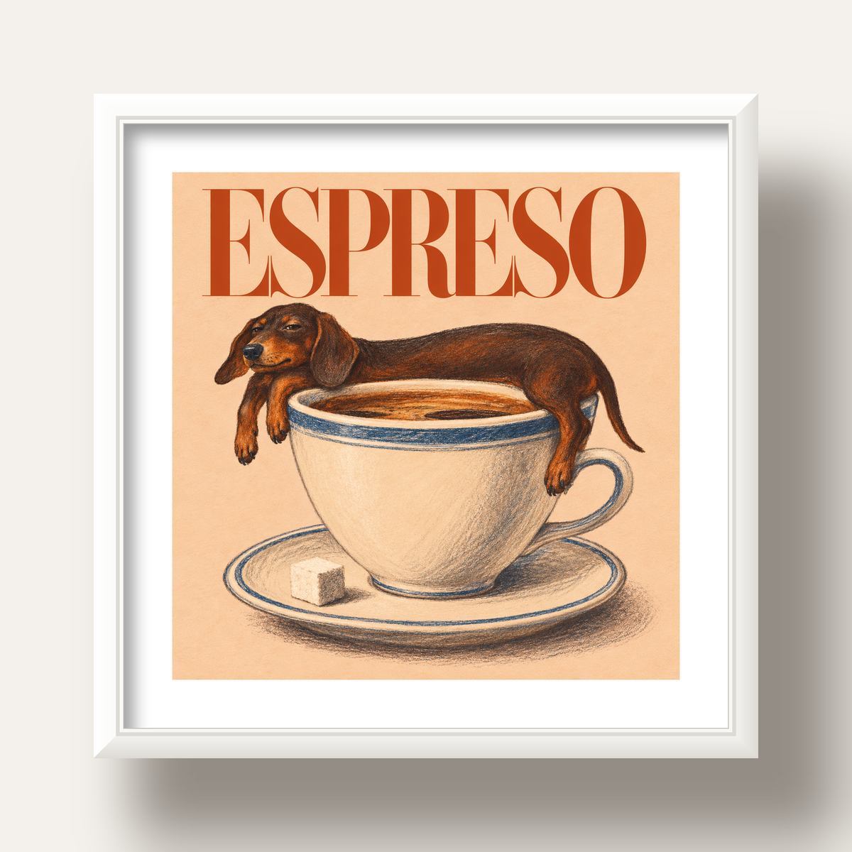 Kahve ve Köpek Sevgisi: Espreso Pastel Poster — beyaz derin çerçeveli paspartulu