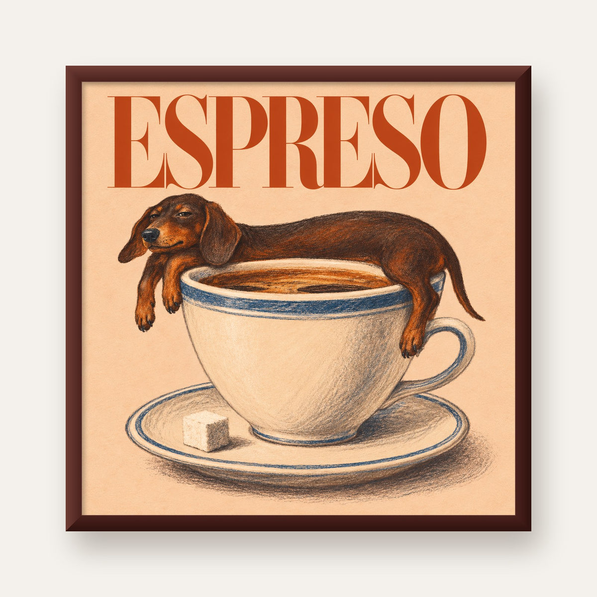 Kahve ve Köpek Sevgisi: Espreso Pastel Poster — ceviz çerçeveli
