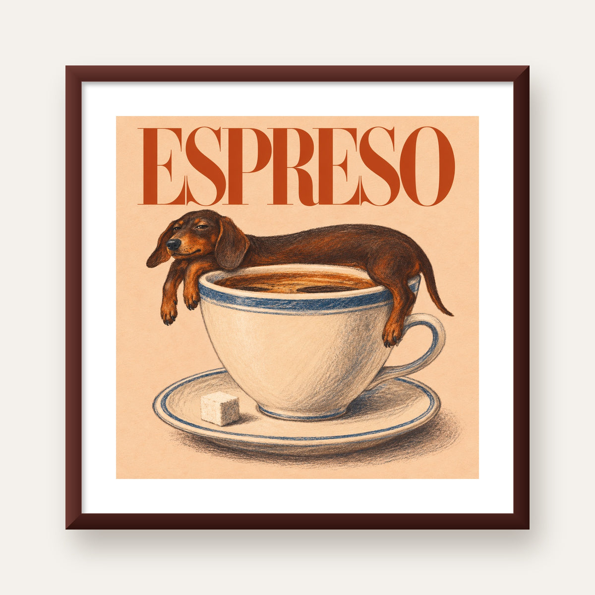 Kahve ve Köpek Sevgisi: Espreso Pastel Poster — ceviz çerçeveli paspartulu