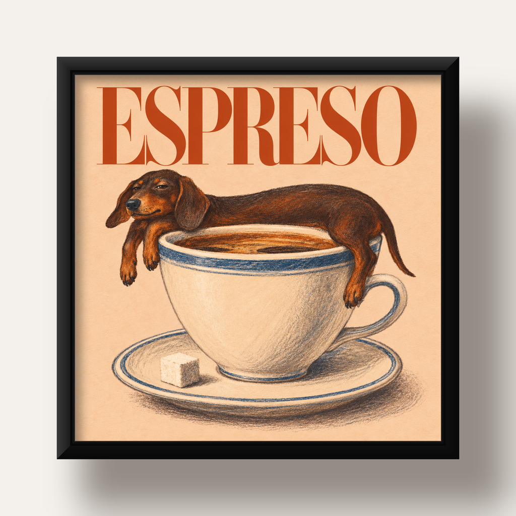 Kahve ve Köpek Sevgisi: Espreso Pastel Poster — siyah derin çerçeveli