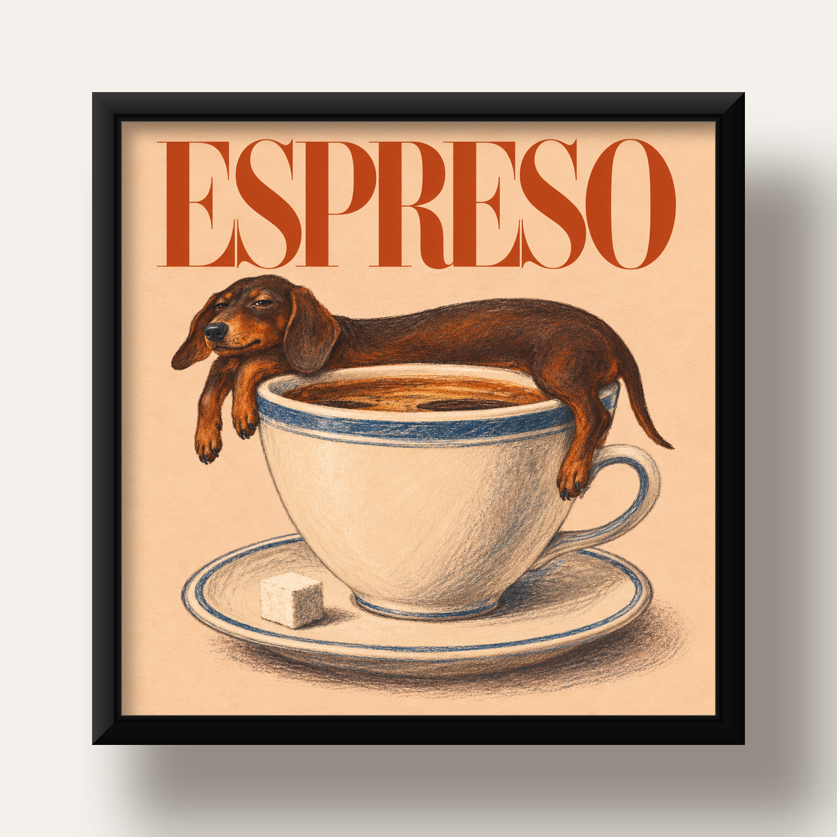 Kahve ve Köpek Sevgisi: Espreso Pastel Poster — siyah derin çerçeveli