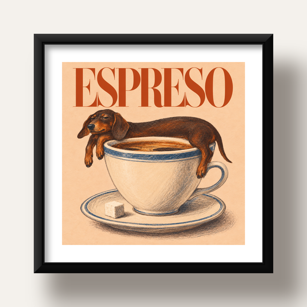 Kahve ve Köpek Sevgisi: Espreso Pastel Poster — siyah derin çerçeveli paspartulu