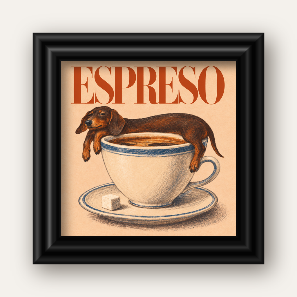 Kahve ve Köpek Sevgisi: Espreso Pastel Poster — siyah galeri çerçeveli