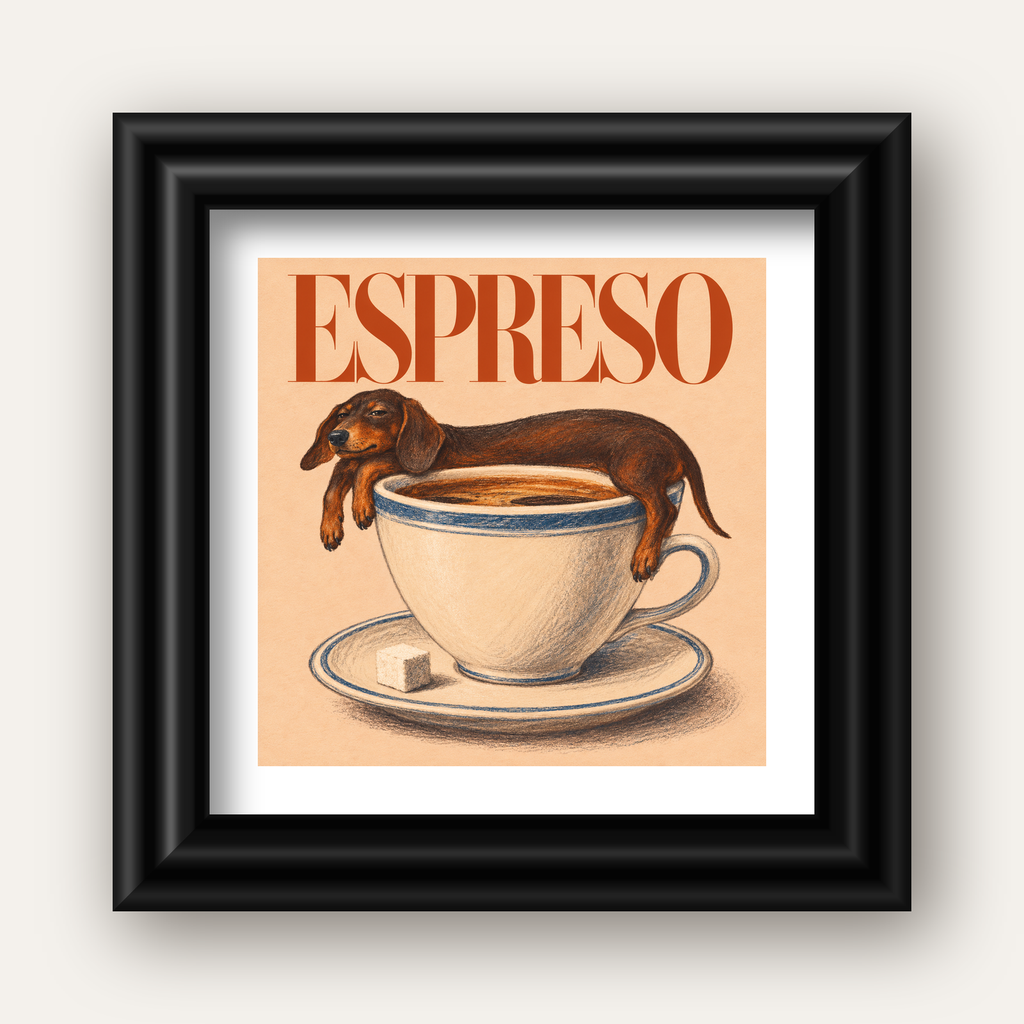 Kahve ve Köpek Sevgisi: Espreso Pastel Poster — siyah galeri çerçeveli paspartulu