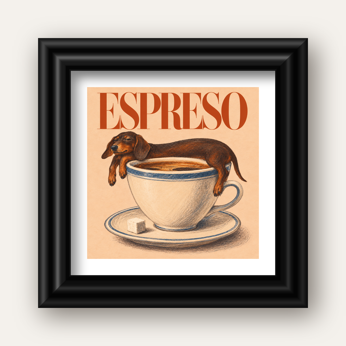 Kahve ve Köpek Sevgisi: Espreso Pastel Poster — siyah galeri çerçeveli paspartulu