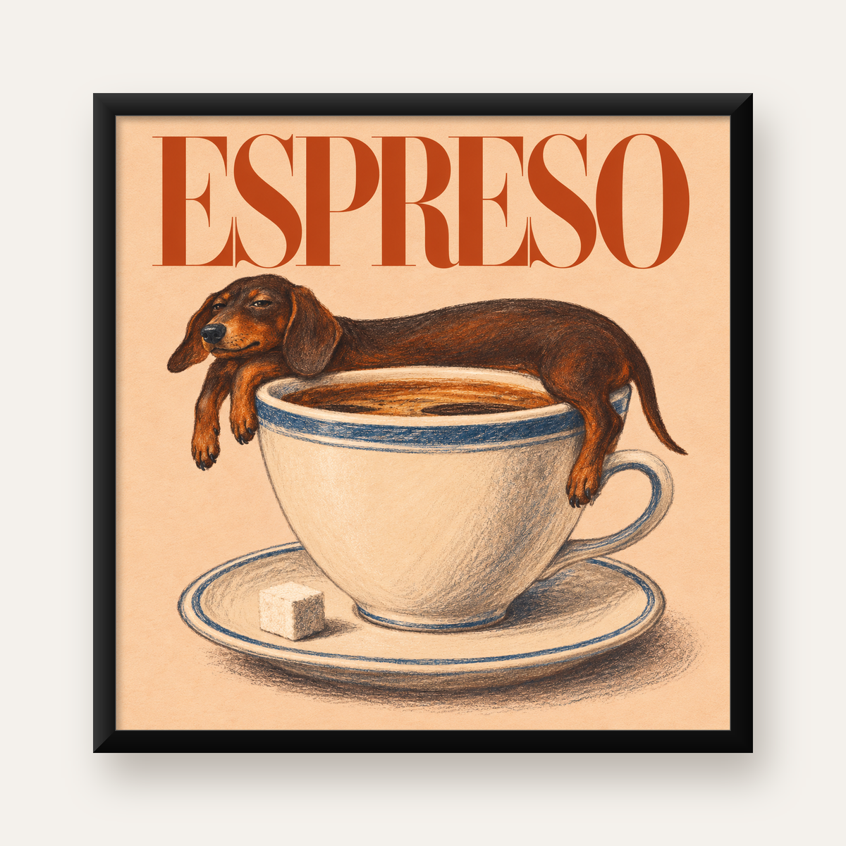 Kahve ve Köpek Sevgisi: Espreso Pastel Poster, Çerçeveli — Kare baskı, düz siyah çerçeveli duvar posteri