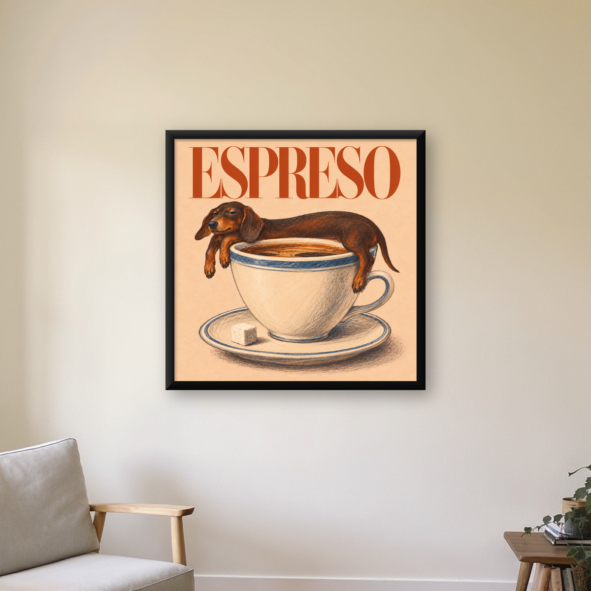 Kahve ve Köpek Sevgisi: Espreso Pastel Poster, Çerçeveli — Kare baskı, çerçeveli hâliyle bir ev duvarında