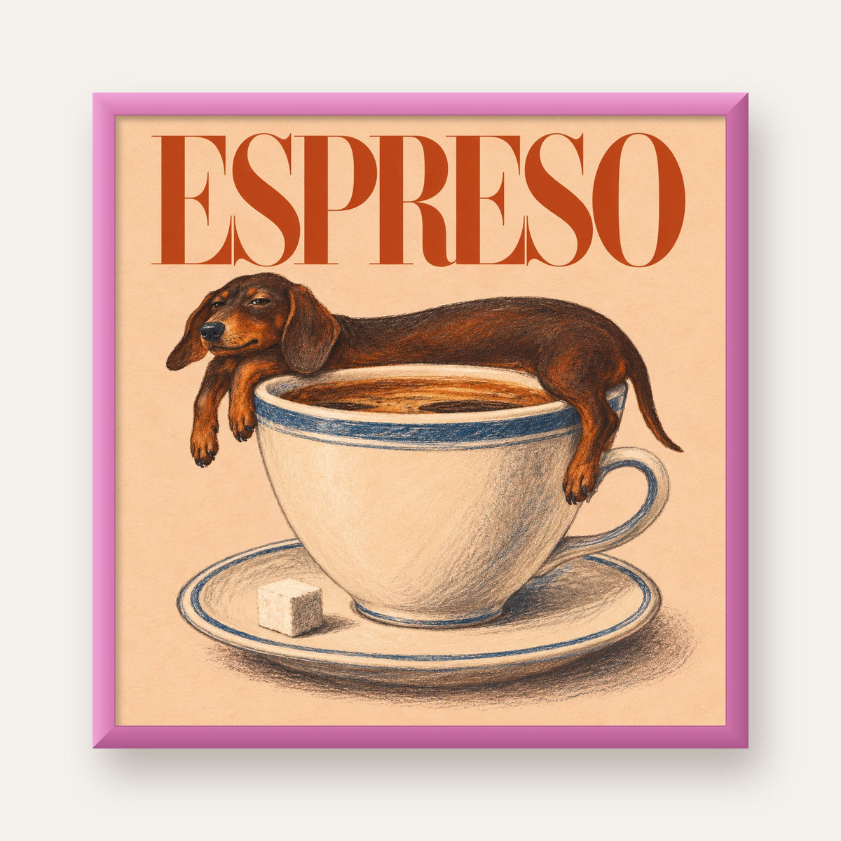 Kahve ve Köpek Sevgisi: Espreso Pastel Poster — pembe çerçeveli