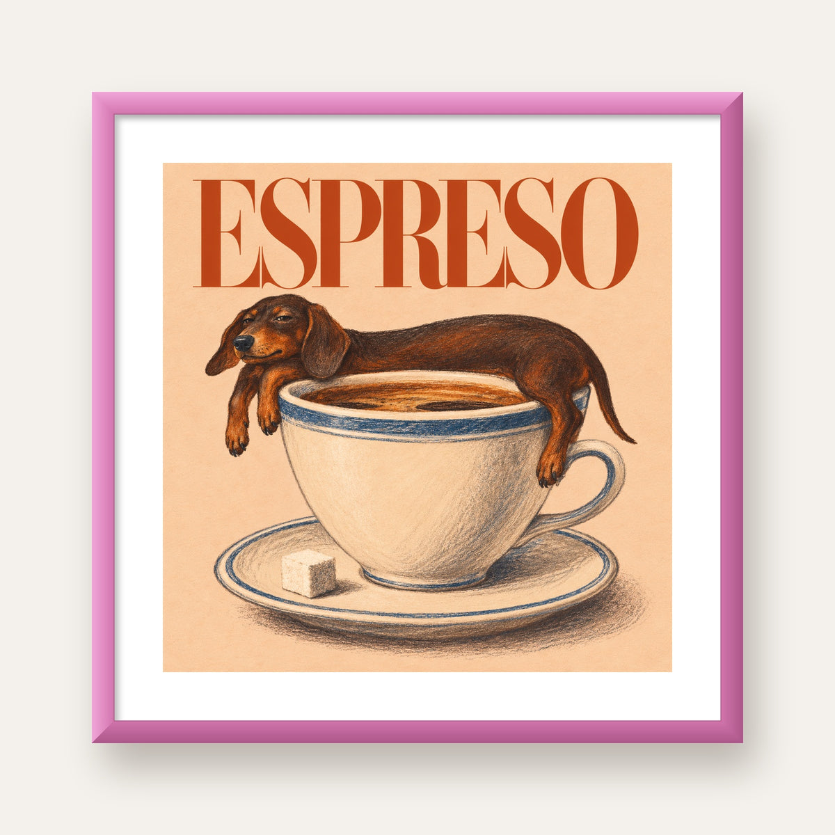 Kahve ve Köpek Sevgisi: Espreso Pastel Poster — pembe çerçeveli paspartulu