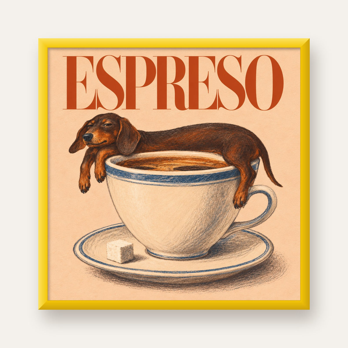 Kahve ve Köpek Sevgisi: Espreso Pastel Poster — sarı çerçeveli