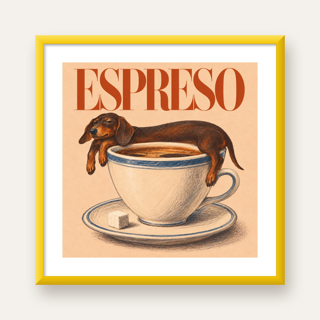 Kahve ve Köpek Sevgisi: Espreso Pastel Poster — sarı çerçeveli paspartulu