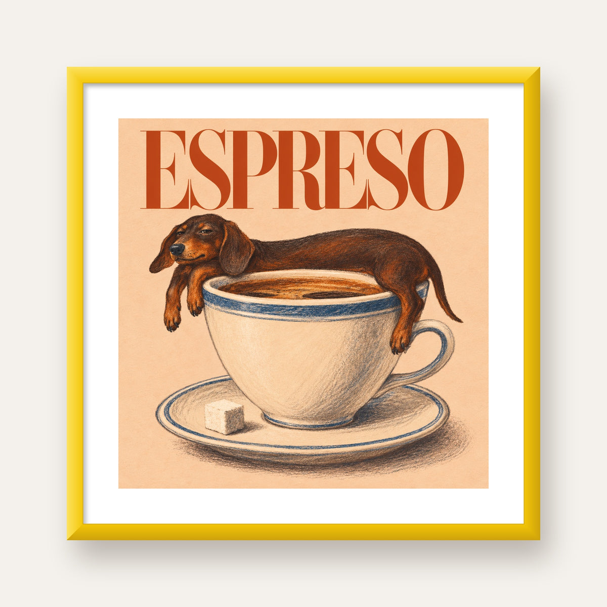 Kahve ve Köpek Sevgisi: Espreso Pastel Poster — sarı çerçeveli paspartulu