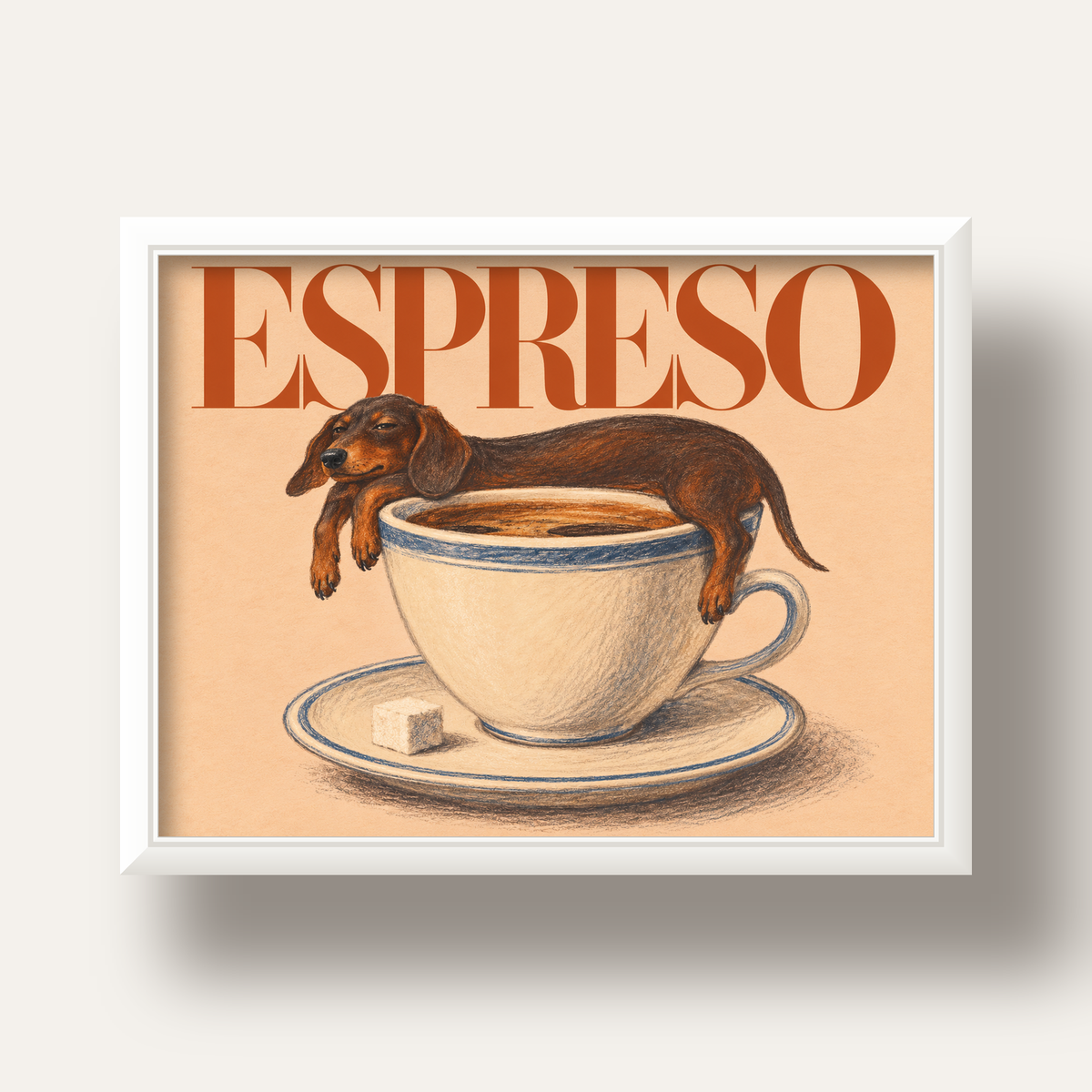 Kahve ve Köpek Sevgisi: Espreso Pastel Poster — beyaz derin çerçeveli