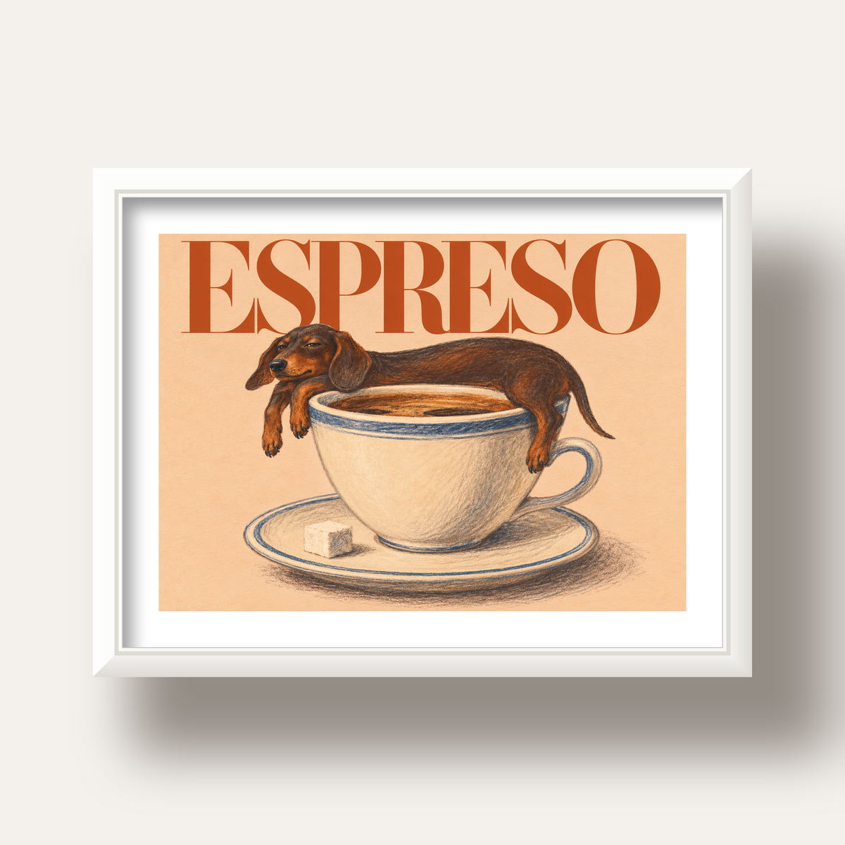 Kahve ve Köpek Sevgisi: Espreso Pastel Poster — beyaz derin çerçeveli paspartulu