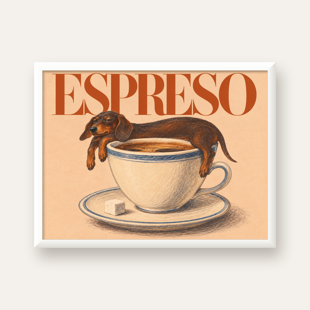 Kahve ve Köpek Sevgisi: Espreso Pastel Poster — beyaz çerçeveli yatay poster