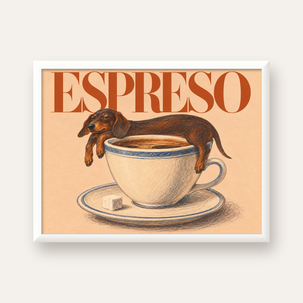 Kahve ve Köpek Sevgisi: Espreso Pastel Poster — beyaz çerçeveli yatay poster