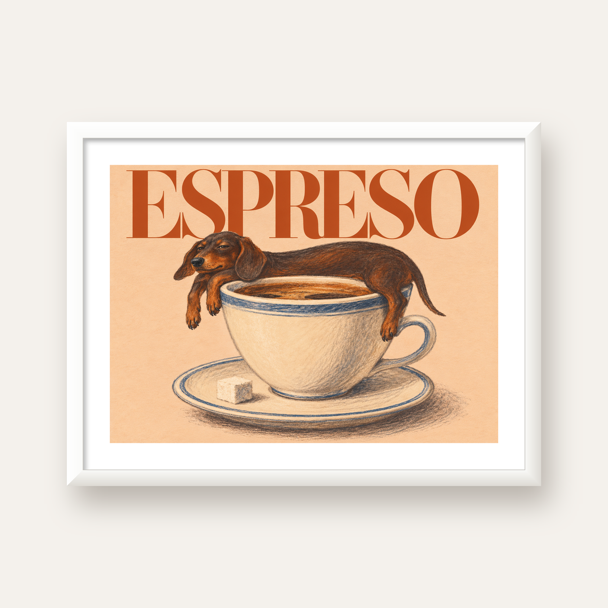 Kahve ve Köpek Sevgisi: Espreso Pastel Poster — beyaz çerçeveli yatay poster