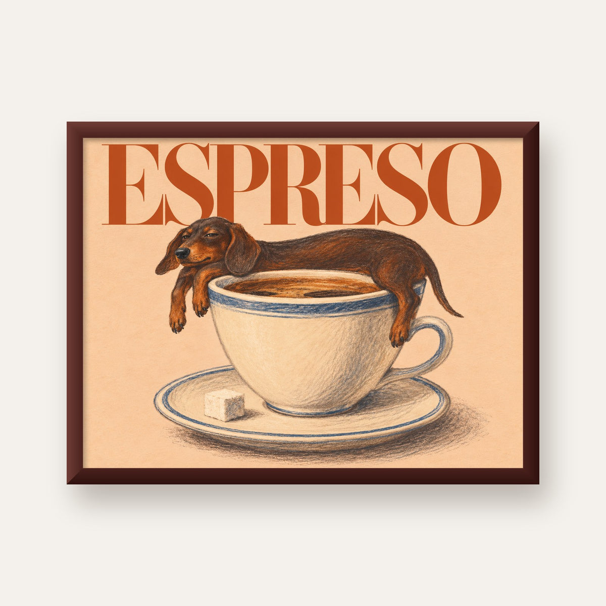 Kahve ve Köpek Sevgisi: Espreso Pastel Poster — ceviz çerçeveli