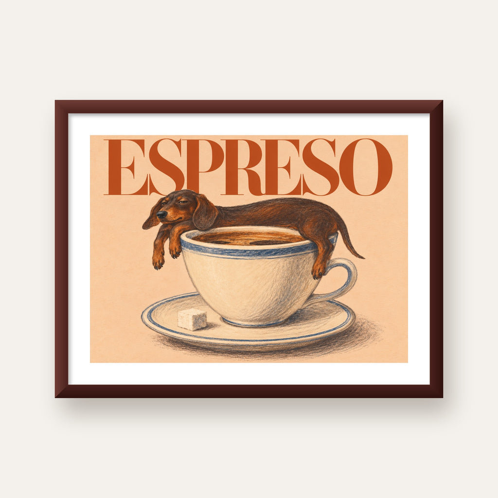 Kahve ve Köpek Sevgisi: Espreso Pastel Poster — ceviz çerçeveli paspartulu