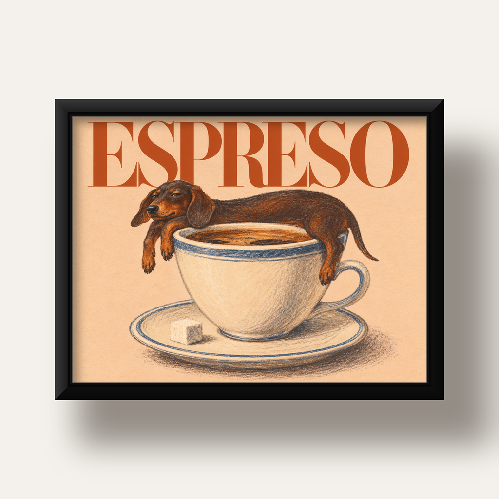 Kahve ve Köpek Sevgisi: Espreso Pastel Poster — siyah derin çerçeveli