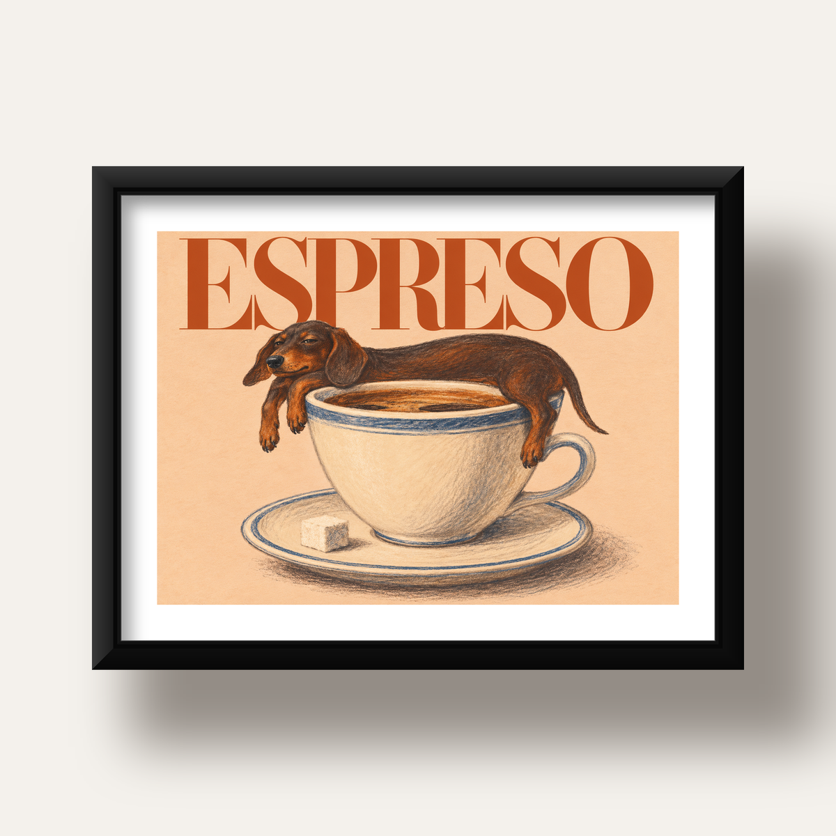 Kahve ve Köpek Sevgisi: Espreso Pastel Poster — siyah derin çerçeveli paspartulu