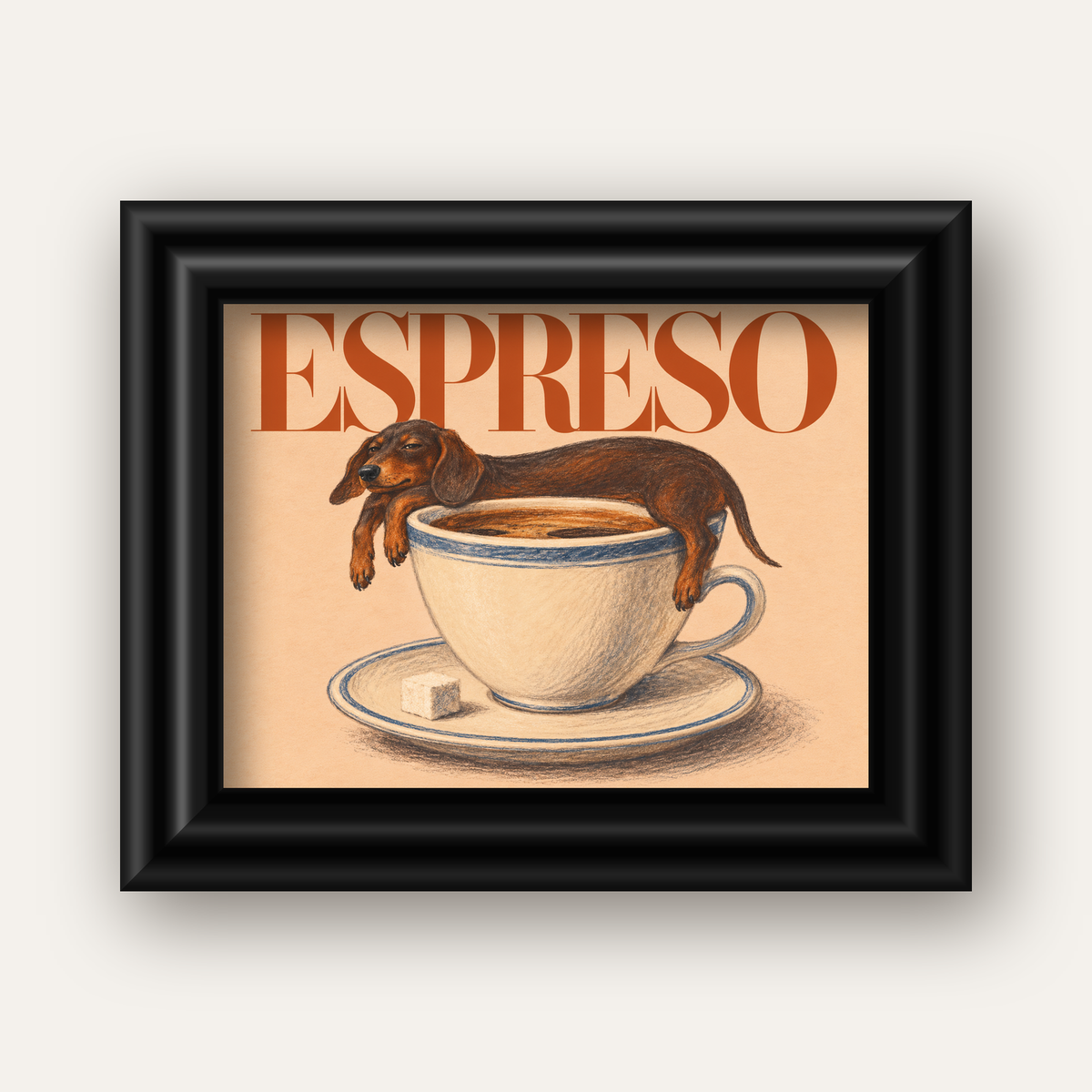 Kahve ve Köpek Sevgisi: Espreso Pastel Poster — siyah galeri çerçeveli
