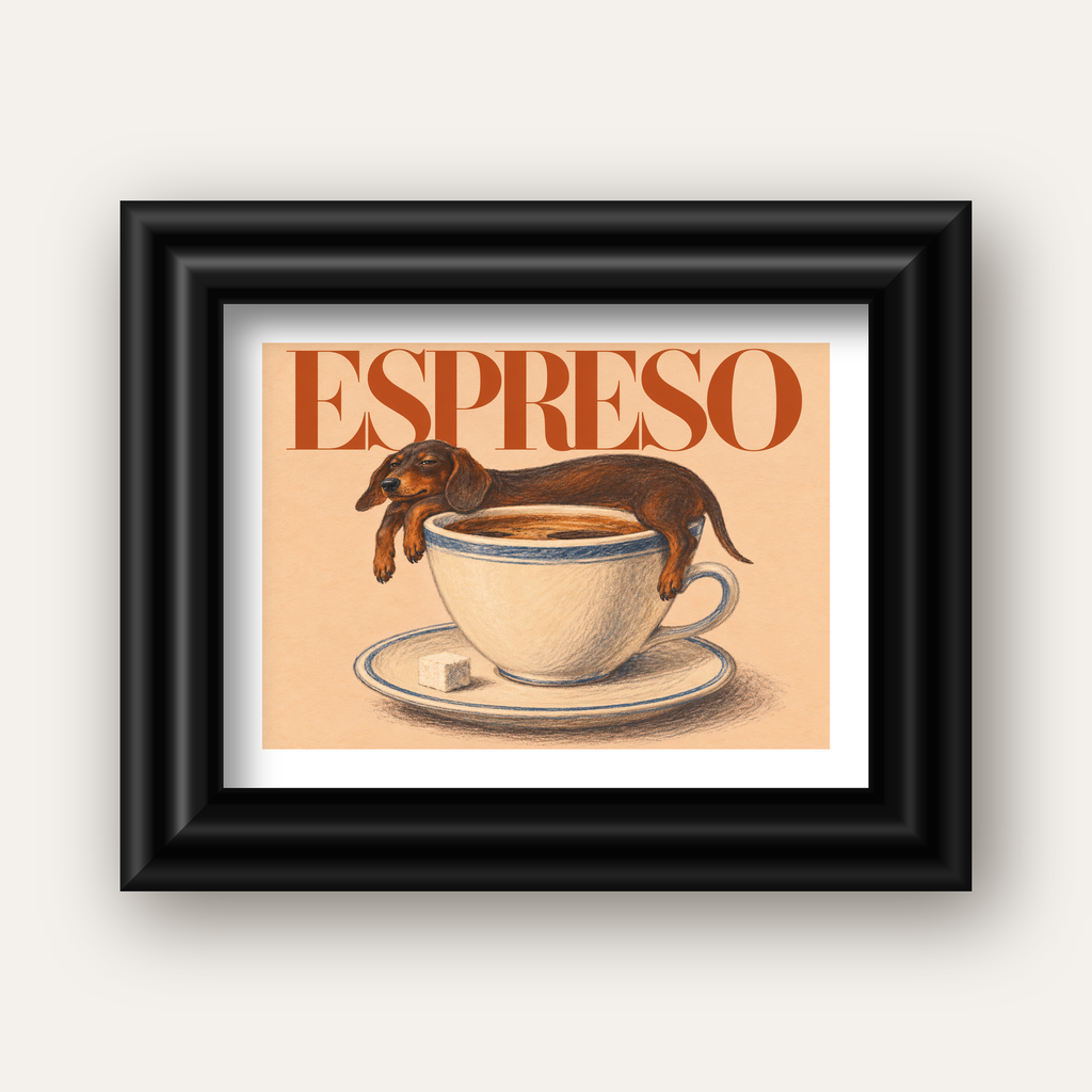 Kahve ve Köpek Sevgisi: Espreso Pastel Poster — siyah galeri çerçeveli paspartulu