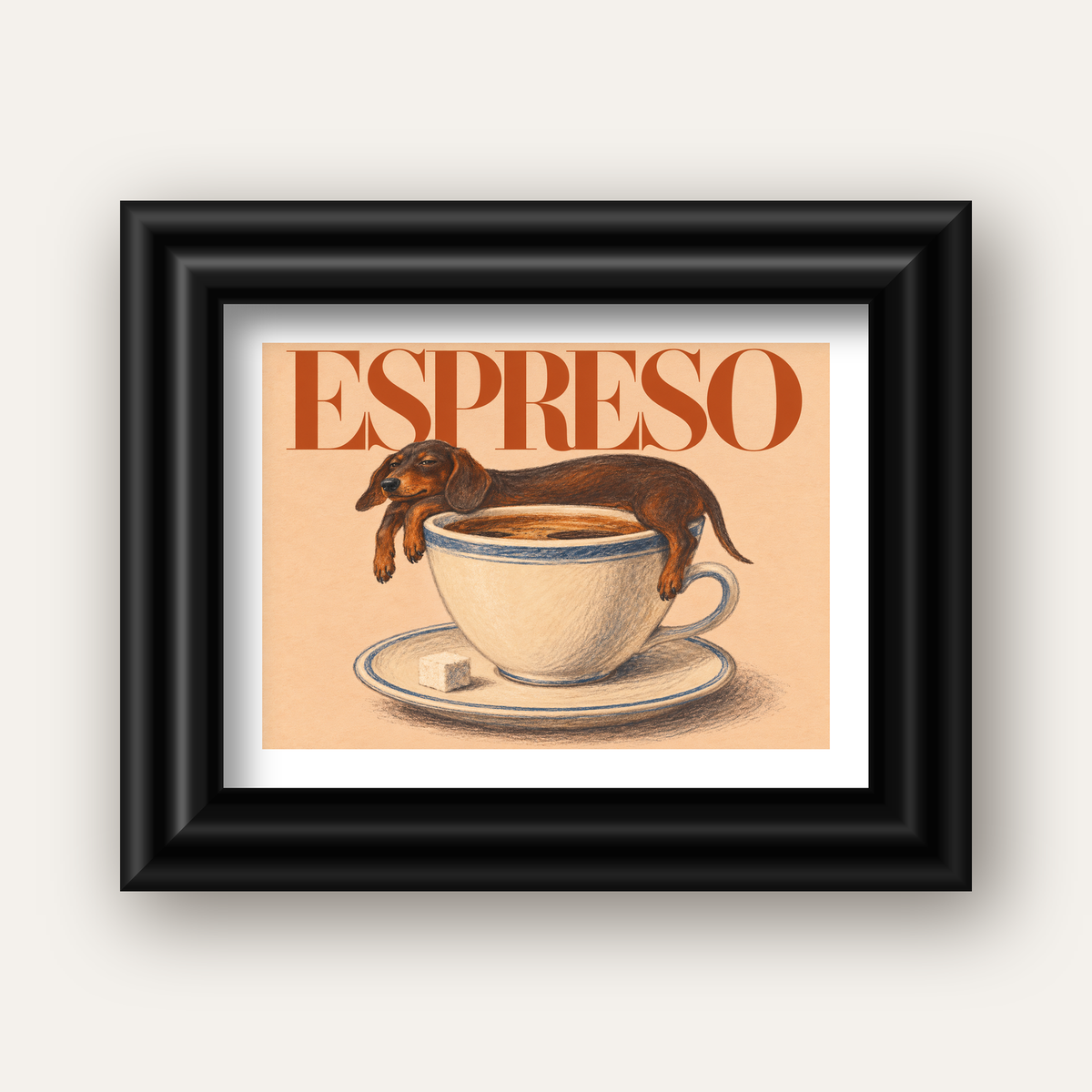 Kahve ve Köpek Sevgisi: Espreso Pastel Poster — siyah galeri çerçeveli paspartulu