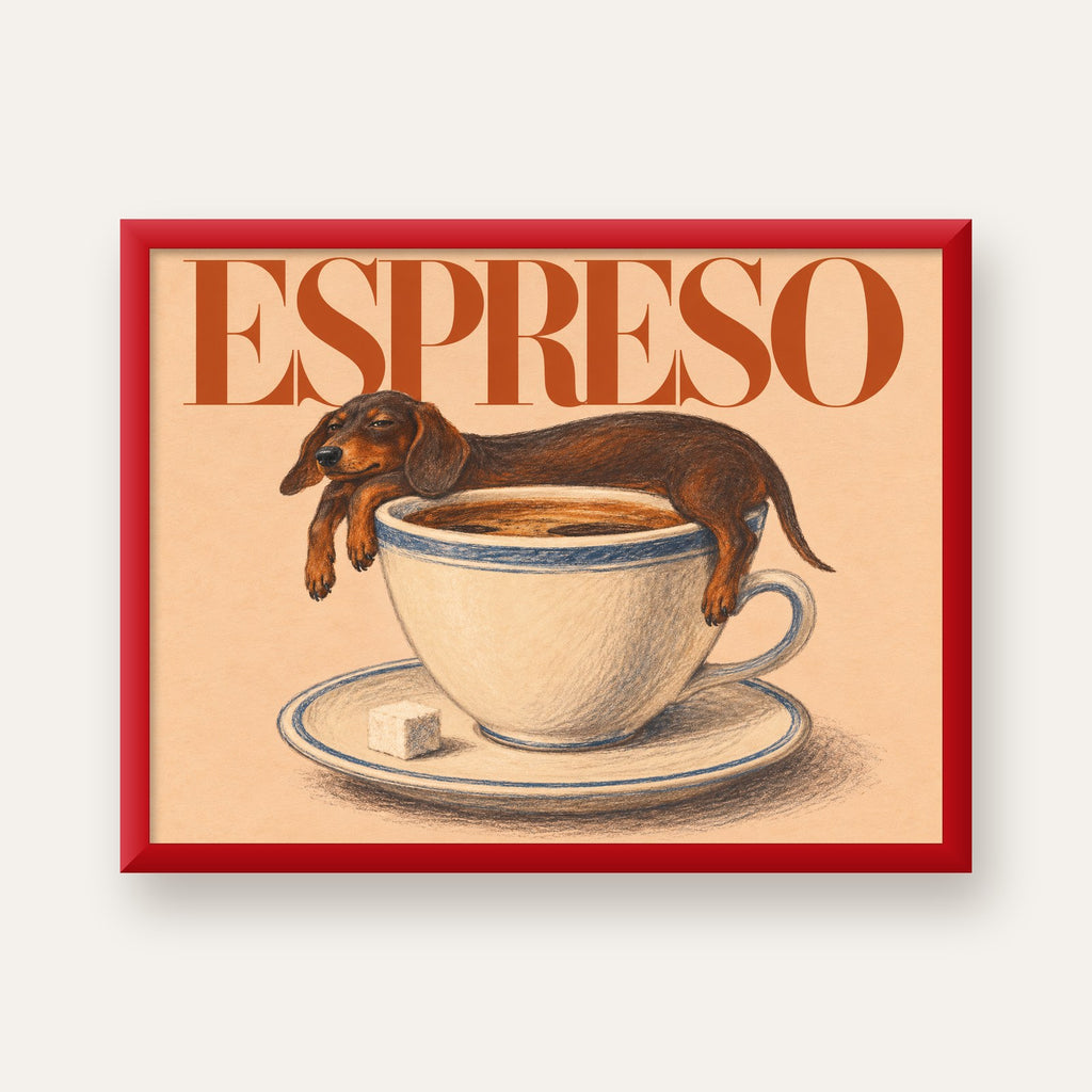 Kahve ve Köpek Sevgisi: Espreso Pastel Poster — kırmızı çerçeveli