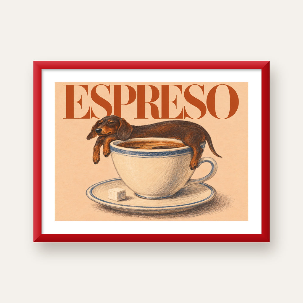 Kahve ve Köpek Sevgisi: Espreso Pastel Poster — kırmızı çerçeveli paspartulu