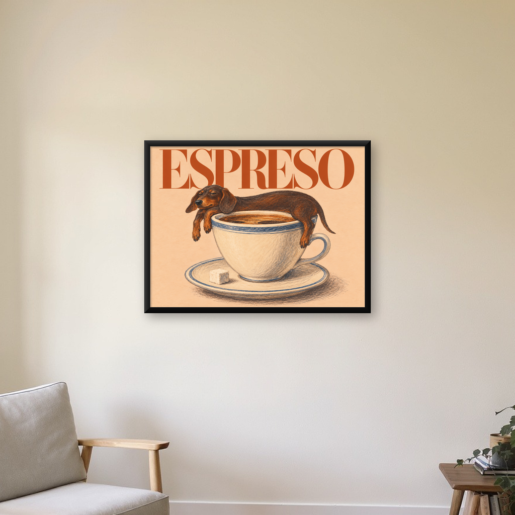 Kahve ve Köpek Sevgisi: Espreso Pastel Poster, Çerçeveli — Yatay baskı, çerçeveli hâliyle bir ev duvarında