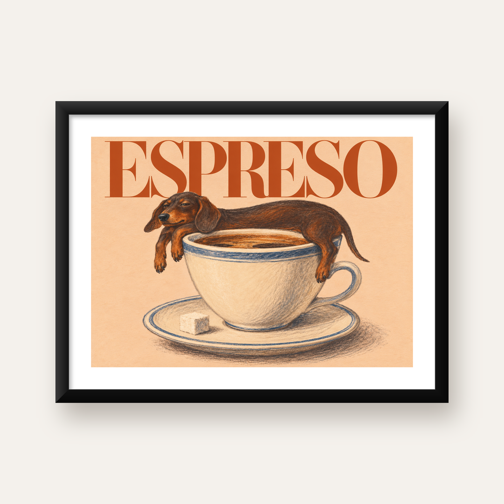 Kahve ve Köpek Sevgisi: Espreso Pastel Poster, Çerçeveli — Yatay baskı, beyaz kenar boşluklu