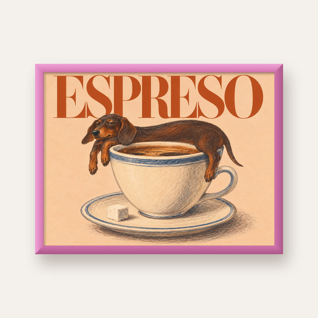 Kahve ve Köpek Sevgisi: Espreso Pastel Poster — pembe çerçeveli