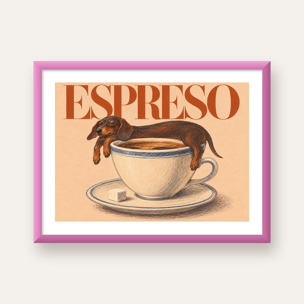 Kahve ve Köpek Sevgisi: Espreso Pastel Poster — pembe çerçeveli paspartulu