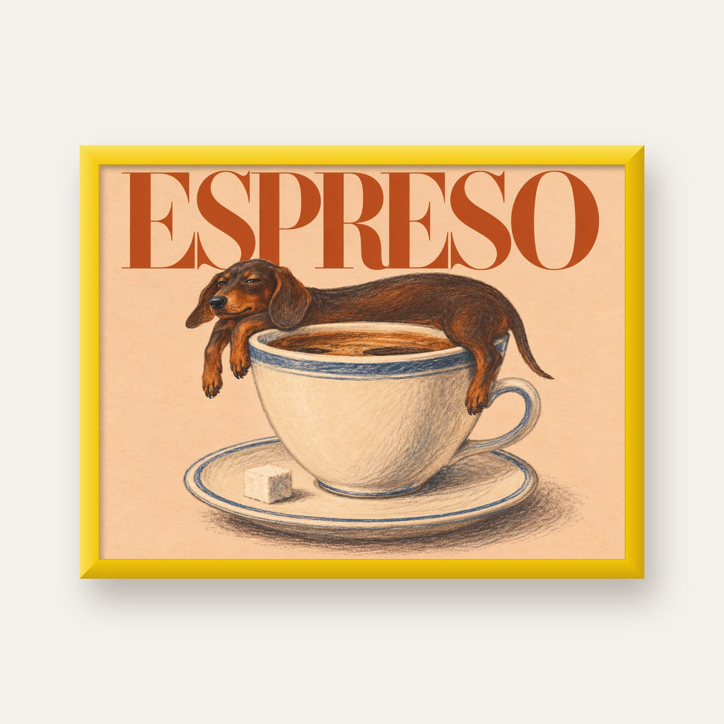 Kahve ve Köpek Sevgisi: Espreso Pastel Poster — sarı çerçeveli