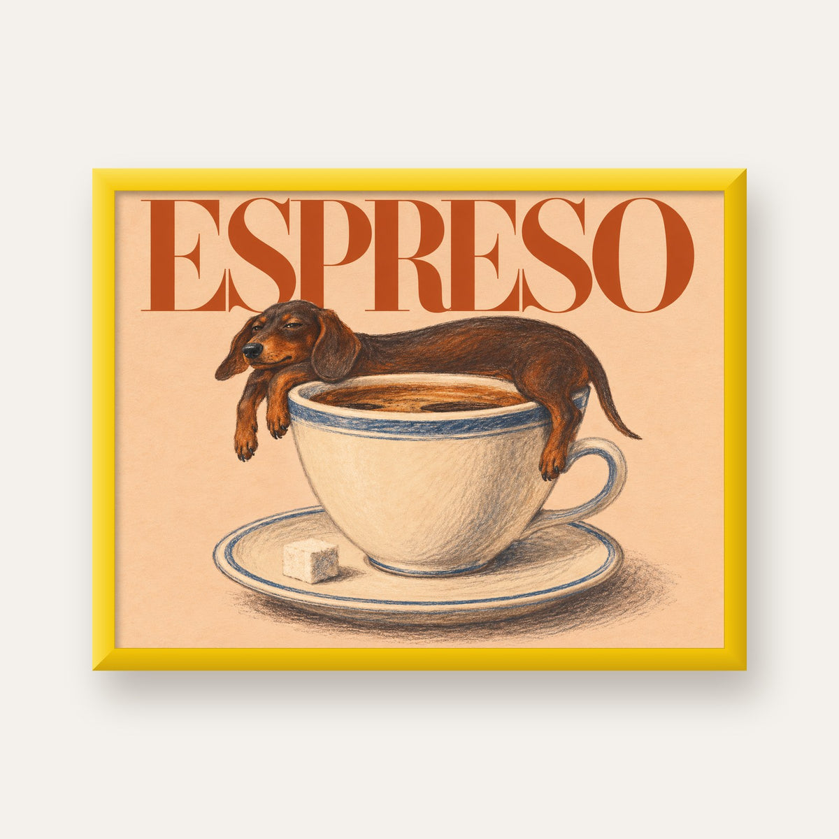 Kahve ve Köpek Sevgisi: Espreso Pastel Poster — sarı çerçeveli