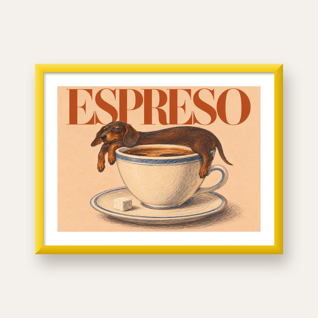 Kahve ve Köpek Sevgisi: Espreso Pastel Poster — sarı çerçeveli paspartulu