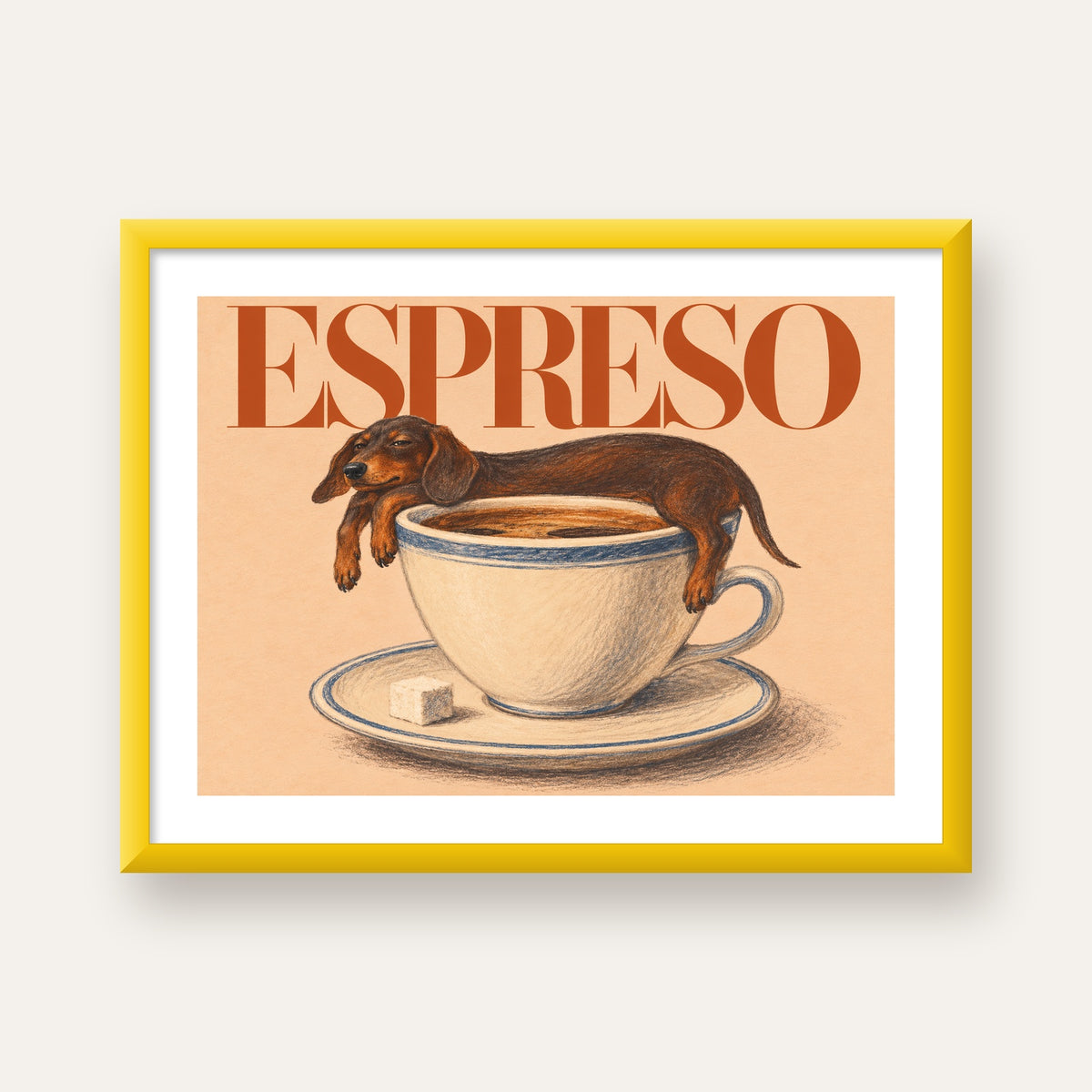 Kahve ve Köpek Sevgisi: Espreso Pastel Poster — sarı çerçeveli paspartulu