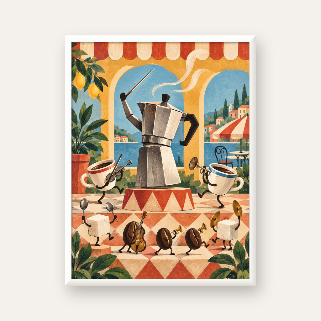 Espresso Orkestrası Renkli Kahve Posteri — beyaz çerçeveli dikey poster