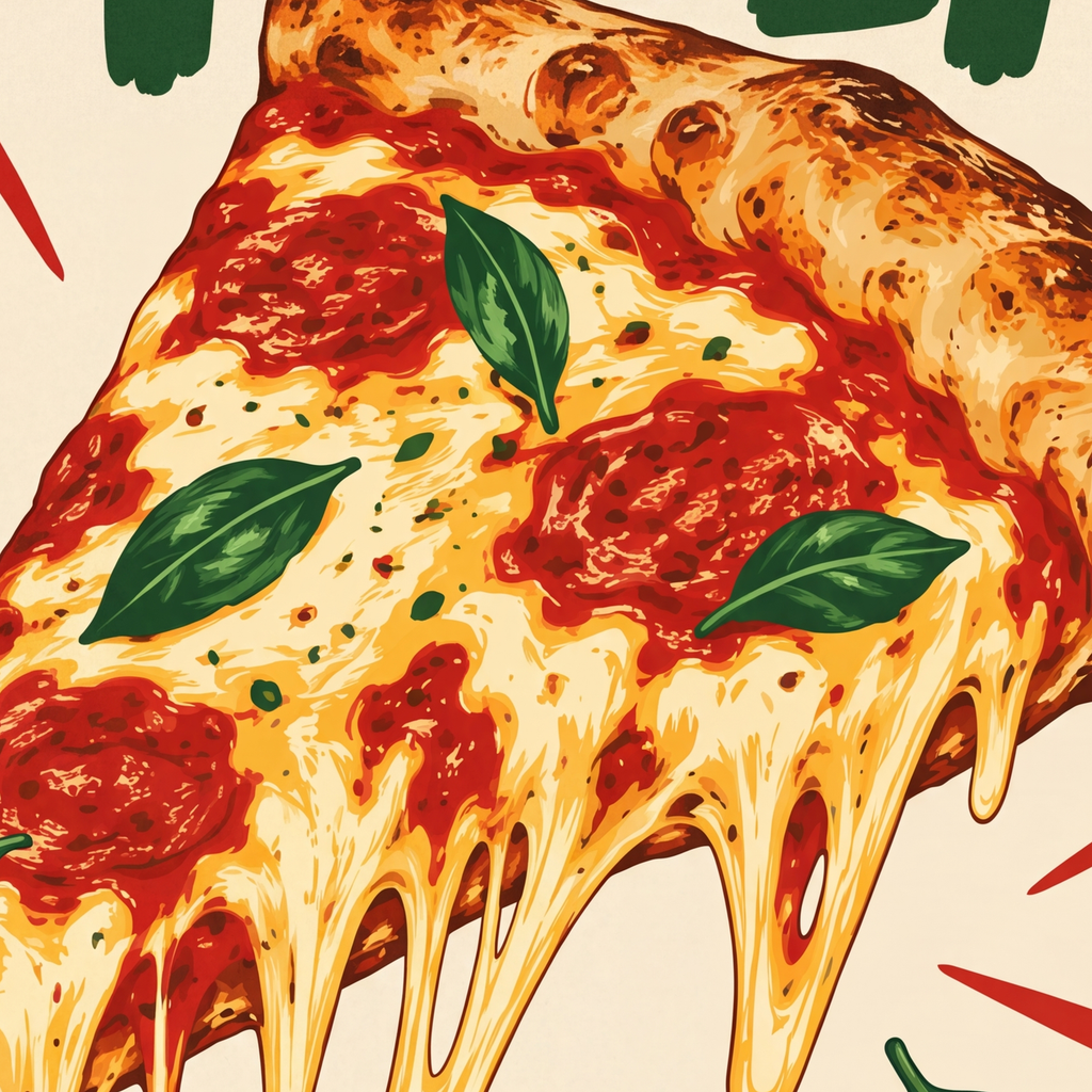 Esprili Pizza Poster – IN PIZZA WE CRUST Sanat Baskısı — baskının yakın çekimi, kâğıt dokusu ve renk detayı