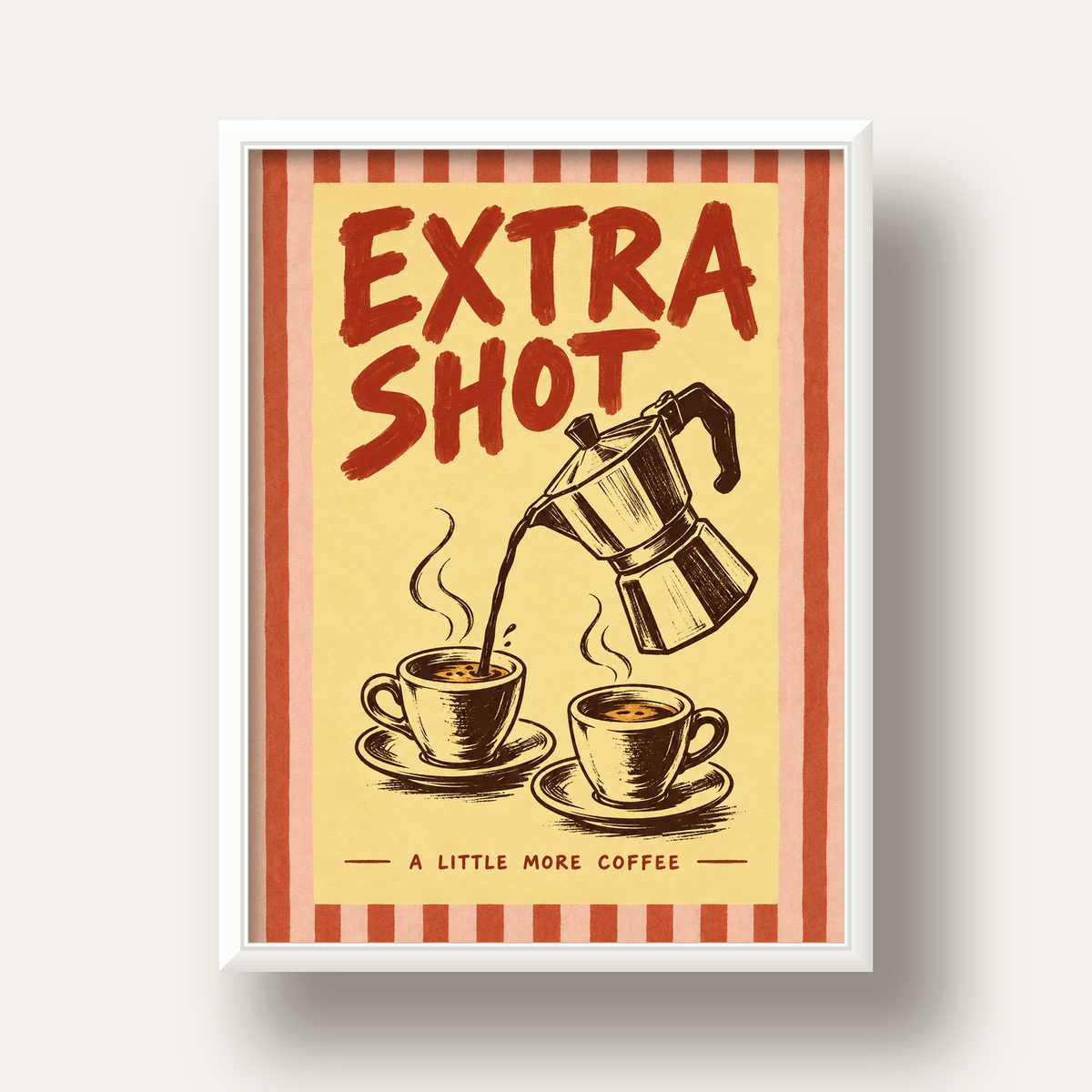 Retro Moka Pot ve Kahve Çizimli Poster – EXTRA SHOT — beyaz derin çerçeveli
