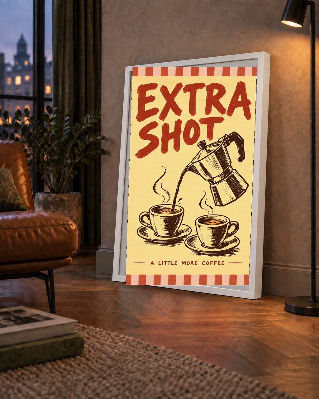 Retro Moka Pot ve Kahve Çizimli Poster – EXTRA SHOT