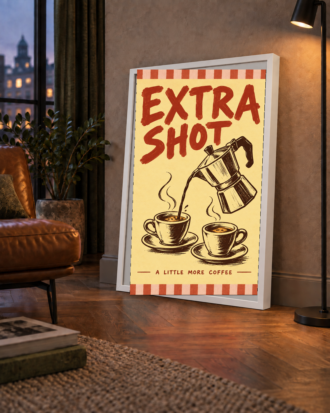 Retro Moka Pot ve Kahve Çizimli Poster – EXTRA SHOT