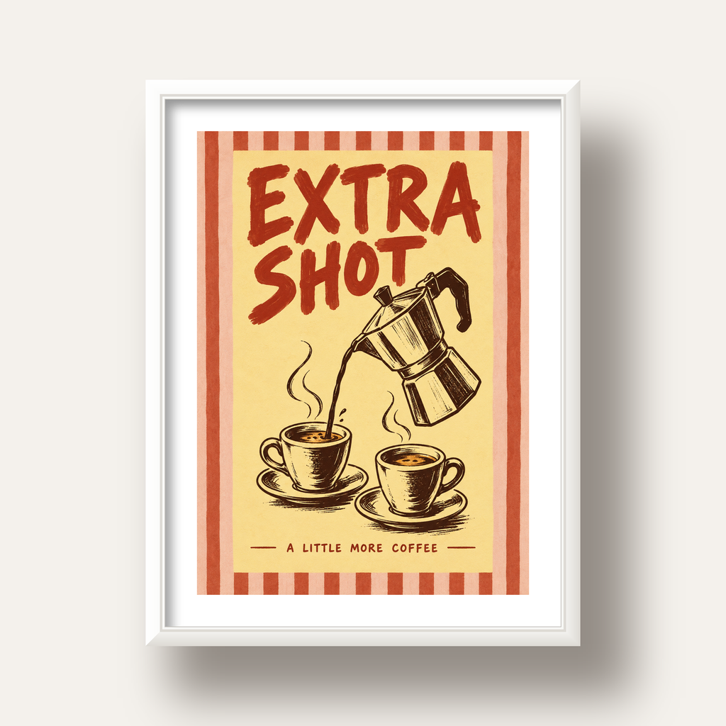 Retro Moka Pot ve Kahve Çizimli Poster – EXTRA SHOT — beyaz derin çerçeveli paspartulu