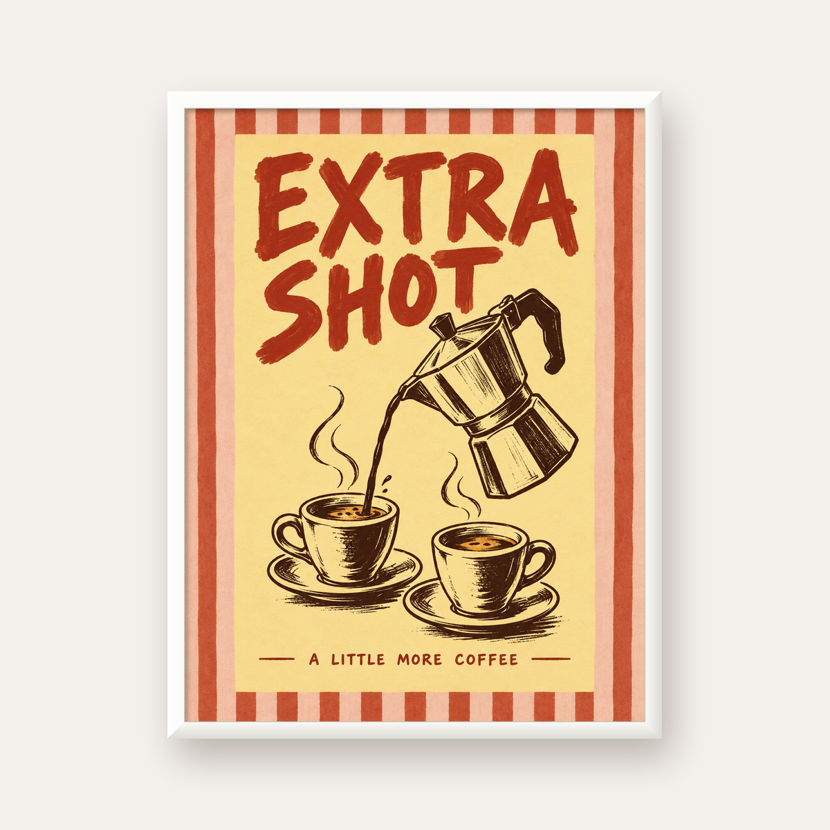 Retro Moka Pot ve Kahve Çizimli Poster – EXTRA SHOT — beyaz çerçeveli dikey poster