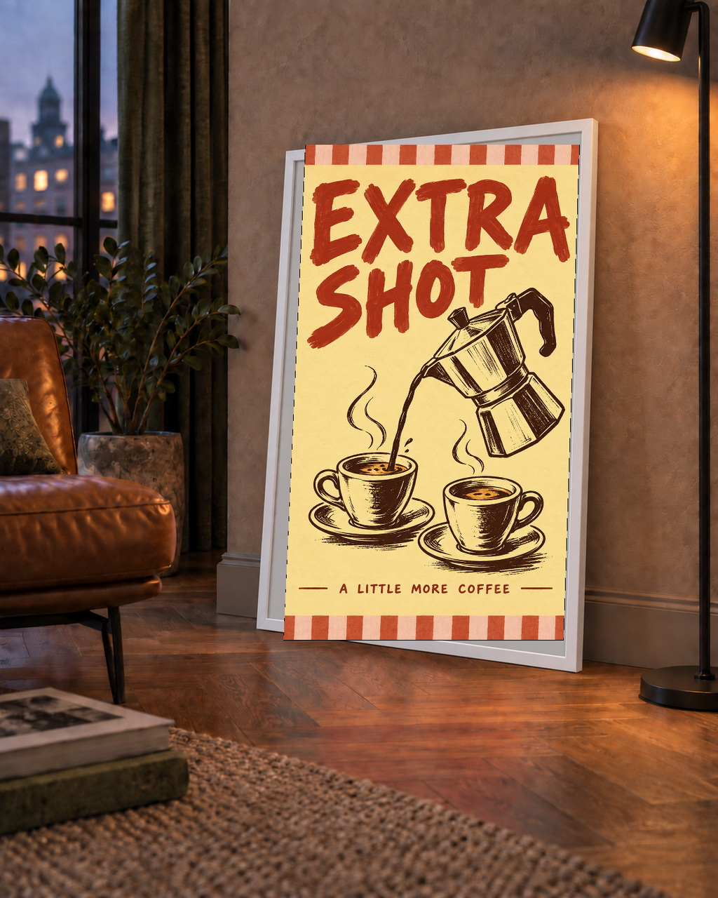 Retro Moka Pot ve Kahve Çizimli Poster – EXTRA SHOT